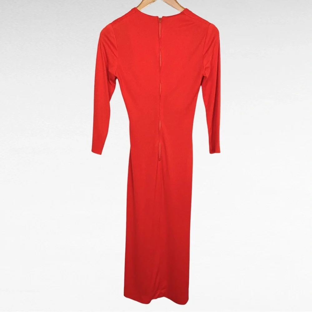 VINTAGE | Boutique Marcia Solid Red Ruched V-Neck Cheeky Side Slit Midi Dress